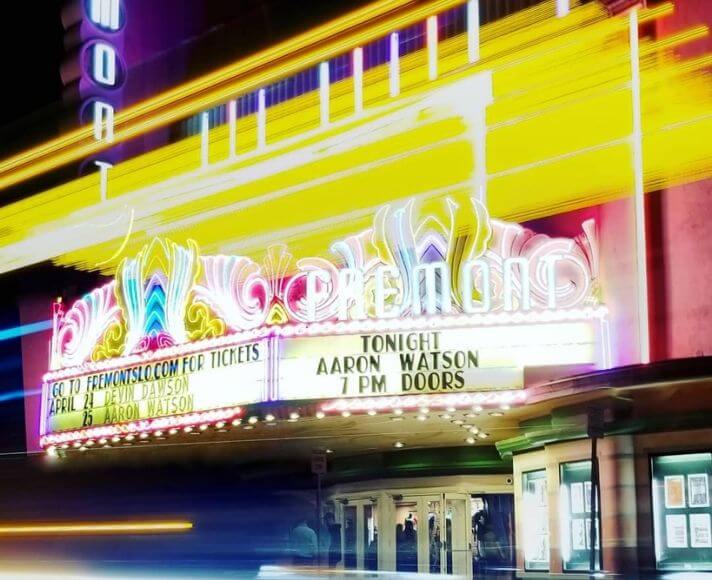 Colorful light edits of the Fremont Theater in San Luis Obispo.